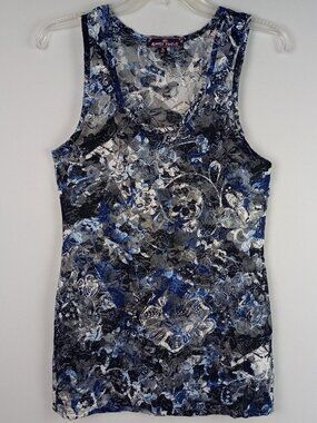Almost Famous Womens XL Black Blue Silver Floral Lace Racerback Tank Top